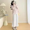 Moda Gestante 2025 Novo Estilo de Verão Fresco e Doce Top com Laço + Calça Wide Leg Franzida de Suporte para a Barriga Conjunto de Duas Peças