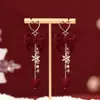 Brincos Elegantes e Bonitos de Veludo Vermelho com Laço de Franjas Estilo Francês para Mulheres com Rosto Quadrado ou Redondo, Brincos Longos para Orelhas Não Perfuradas