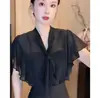 Blusa de Verano Nueva de Manga Corta con Lunares de Gasa para Mujer con Corbata de Moño, Top Versátil Talla Grande A12781