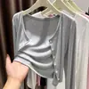 Cardigan de Modal Preto com Proteção Solar Feminino de Verão Peça Externa Saia com Laço Xale Jaqueta Suéter de Seda Gelada para Ambiente com Ar Condicionado