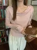 Blusa Feminina Manga Longa com Laço Franzido Off-Shoulder, Roupa Outono/Inverno 2025, Camada Interna, Blusa com Cintura Franzida Plissada