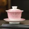 Tazón Cubierto Gradiente Rosa Sancai del Fabricante Taza de Té Cerámica Tazón de Té Tallado Pintado a Mano Taza de Té Personal Especial Juego de Té Kung Fu