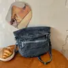 Bolso Bandolera Plegable Transfronterizo de Nuevo Nicho para Mujer, Bolso de Hombro de Mezclilla Vintage Desgastado, Bolso Tote de Compras Casual a la Moda