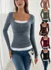 2026 Transfronterizo Europeo y Americano Amazon Moda Simple Cuadrado Cuello Redondo Encaje Patchwork Un Botón Ajustado Manga Larga Top
