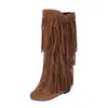 Botas Femininas de Camurça Bico Redondo com Salto Interno Botas de Rua Tendência Cano Alto Botas com Franjas tamanho grande 801