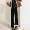 Jeans Simples de Cintura Alta com Botão Duplo e Barra Larga para Mulheres Outono e Inverno Novo Estilo Jeans Espesso com Pelúcia Solto Comprimento Total