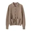 Cardigan POLO simples e estiloso 100% cashmere para mulheres, corte solto, emagrecimento, elegante, jaqueta de malha de manga longa