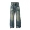 Jeans anchos para hombre Muqiu estilo americano, desgastados, lavados, holgados y relajados, pantalones largos