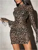 Fabricante Amazon Exportación Transfronteriza 2025 Nuevo Otoño e Invierno Europeo y Americano Sexy Estampado de Leopardo Vestido de Manga Larga Falda Corta