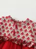 Mameluco de bebé con retazos de malla de fresa, vestido rojo de primer mes para niñas con mangas largas y bordes rizados