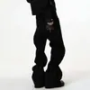 Streetwear Americano Nicho Bordado Ray Look em Camadas Jeans Masculino Perna Reta Afinando Jeans Preto Micro Flare Calça Longa