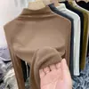 Camisa de Camada Interna Meia Gola Alta Feminina Outono e Inverno Slim Fit e Quente 2025 Nova Camiseta Top de Veludo Dupla Face com Manga Longa