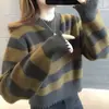 Estación Europea Otoño e Invierno Nuevo Jersey de Punto a Rayas de Color Contrastante de Cuello Redondo de Manga Larga de Estilo Perezoso Combinable para Mujer
