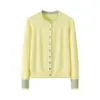 Suéter de Cashmere para Mulheres, Cardigan Tricotado Color-Block, Novo Estilo Outono e Inverno Feminino, Gola Redonda, Jaqueta Curta de Cashmere Puro, Primavera e Outono