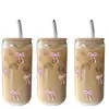 Vaso de Vidrio de Borosilicato Alto para Refresco con Tapa de Madera y Popote en Forma de Lazo, Vaso de Agua Resistente al Calor, Vaso de Regalo para Té de Leche y Jugos