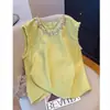 Camisa sin mangas de algodón y lino amarillo estilo bohemio para mujer Verano 2025 Holgada con conchas Cuello redondo Blusa de lino Top