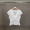 Blusa de Chiffon com Gola V, Mangas Curtas Bufantes, Estilo Francês, para Mulheres, 2026 Verão, Afina a Cintura, Renda, Top Cruzado