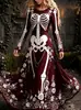 Estação Independente Amazon Cross-border Novo Europeu e Americano Estampa de Caveira de Halloween Vestido Longo Feminino Retrô Gótico Gola Redonda Manga Longa