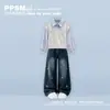 Conjunto de sudadera para niña, nueva colección primavera/otoño, estilo preppy, atuendo de dos piezas con un dulce lazo y pantalones de mezclilla