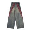 Jiayiku Marca da Moda Americana High Street Jeans Vintage Lavado Masculino e Feminino Vibe Personalizada Costura Listrada Calças de Perna Reta