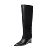 Botas de Caballero con Tacón de Cuña para Mujer, Botas Largas Rectas de Tacón Alto, Nuevo Modelo de Invierno, Piel de Vaca de Capa Superior, Punta Puntiaguda, Botas de Caña Alta sin Cierre