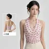 Top de tirantes halter para mujer para yoga con almohadillas en el pecho, corte ajustado, diseño estampado, espalda bonita, top deportivo con pliegues centrales delanteros, top de fitness