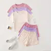 Comercio Exterior Transfronterizo Estilo Europeo y Americano Conjunto de Seis Piezas de Ropa para el Hogar de Verano para Mujer Camiseta de Color Sólido con Cuello Redondo y Pantalones Cortos Pijama