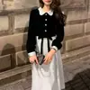 Vestido de Bloques de Color Patchwork con Cuello de Muñeco Estilo Temperamento para Mujer Otoño Lazo Vestido Pequeño Formal Falda Larga Línea A Transfronterizo