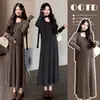 Conjunto de vestido de punto y cárdigan para maternidad otoño e invierno estilo coreano diseño de cinta cubre vientre ajustado conjunto de dos piezas para usar por fuera
