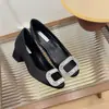 Zapatos de tacón grueso de satén con plataforma de 6 cm de altura para mujer, con hebilla cuadrada de pedrería, modelo nuevo 2026, tacones altos de punta fina slip-on de alta gama