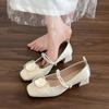 2024 Novos Sapatos de Casamento de Cetim Camélia Sapatos de Vestido Retrô Mary Jane Salto Grosso Francês Sapatos de Fada Salto Alto