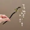 Presilha de Cabelo Longa com Franja de Lírio-do-Vale, Ornamento de Cabelo Magnolia Estilo Antigo Feérico, Presilha de Cabelo para Hanfu Cheongsam, Presilha de Cabelo de Madeira