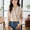 Tiro real: Camisa de cetim com decote V emagrecedora, roupas femininas de primavera, nova camisa de manga comprida estilo coreano 2026, elegante camisa de chiffon emagrecedora