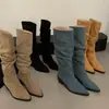 Botas Caídas de Tacón Alto con Punta Puntiaguda Color Caqui para Mujer 2026 Nuevas Botas de Montar de Tubo Largo Ajustadas para Primavera, Otoño e Invierno