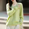 Básico de corte ajustado, favorecedor escote en V, forro polar, cálido, cuello suave, top capa base, suéter tejido para mujer, amarillo pluma
