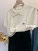 Estilo Coreano Solapa Pequeña Patrón de Cáñamo Bordado Lazo Manga Corta 5 Prendas de Punto de Lana Jersey Tejido Fino