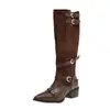 Botas pretas longas de salto grosso com fivela de couro envelhecido, estilo retrô, design de cano alto, novo modelo para mulheres, adequadas para a primavera e o outono de 2026