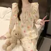 Pijama Dulce de Primavera y Otoño con Diseño de Conejito de Dibujos Animados y Tulipán, Cuello Cuadrado con Encaje, Mangas Largas y Pantalones, Corte Holgado, Conjunto de Dos Piezas para Niñas en Casa