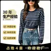 Suéter de Punto Corto Rayado Redondo Transfronterizo Europeo y Americano para Mujer, Corte Holgado, Hombro Caído, Manga Larga, Top Suéter Casual Corto para Mujer