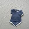 Ins Estilo Coreano Cuello Redondo Pantalones Cortos tipo Envoltorio Manga Corta Raya en Axila Traje de Algodón Verano Refrescante Pantalones Cortos Cubierta para Bebés Niños y Niñas