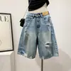 Estilo Callejero de Moda~ Shorts de Mezclilla Rectos Rasgados para Mujer, Nuevos Pantalones de Cinco Puntos de Pierna Ancha Adelgazantes de Cintura Alta para Verano