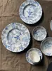 Porcelana amarilla vintage original con motivos florales azules, plato para bistec estilo francés, plato plano, plato hondo, taza y plato para el té de la tarde, decoración bajo vidriado