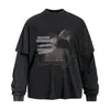 Estampa graffiti de retrato estilo americano, camiseta de manga longa falsa de duas peças, masculina de outono, estilo high-street, corte solto, camiseta com gola redonda com efeito lavado
