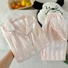 Conjunto de Pijama de Verano para Mujer de Manga Corta, Color Sólido, Estilo Ins, Seda Helada, Rayas, Encaje Elegante en el Borde, Ropa de Casa, Venta al por Mayor