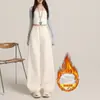 Jeans anchos de pierna ancha, gruesos, forrados de polar, color naranja joven # Otoño e invierno, para mujer, corte holgado, adelgazantes, cubren el cuerpo, cálidos, casuales, versátiles, pantalones de largo completo