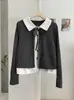 KEKEZOON Camisa de Manga Longa com Gola Lapela Color Block Listrada Outono Inverno Estilo Coreano Falso Duas Peças Top com Laço 9543