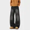 Jeans Retro Americanos Lavados con Parches Curvos para Hombres y Mujeres, Pantalones de Pierna Ancha Acampanados de Peso Pesado, Holgados, Negros, de Largo hasta el Suelo