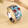 Anel de Prata 925 Esmaltado Estilo Literário Retrô Flor de Ameixa Cloisonné Artesanato de Cola Criativo Anel Aberto Feminino