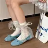 Calcetines de Punto Dulces para Chica Jk con Lunares, Lazo de Cinta, Volante, Encaje, Hasta la Mitad de la Pantorrilla, Lindos Calcetines Lolita Arrugados para Pantorrilla Delgada