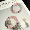 Pulsera Mushan Morada de Amatista Natural y Cristal Rosa, Pulsera de Piedras Preciosas Colorida, Estilo Dulce y Fresco, Joyería para Mejor Amiga